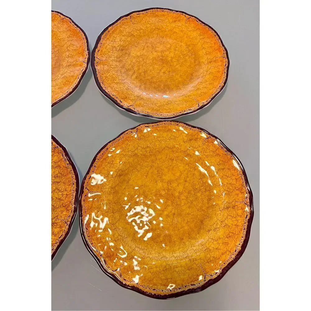 Lot of 4 Citrus Grove Melamine Dinner Plates Yellow Brown Crackle Look BPA FREE
